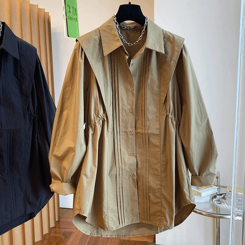 欧货设计感小众宽松显瘦抽绳收腰衬衫女中长款气质上衣2024早秋款