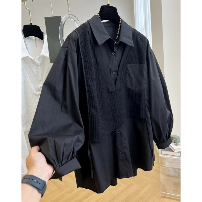 设计感小众欧货背心拼接假两件长袖衬衫女法式秋装新款宽松上衣潮