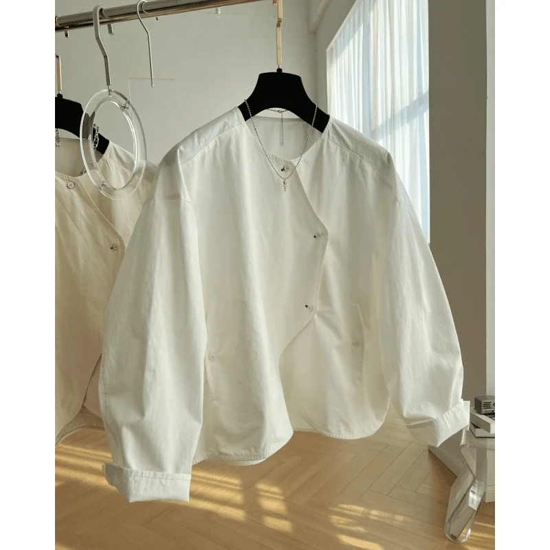 2024早春季设计感小众斜门襟独特别致圆领长袖棉布衬衫女小衫上衣