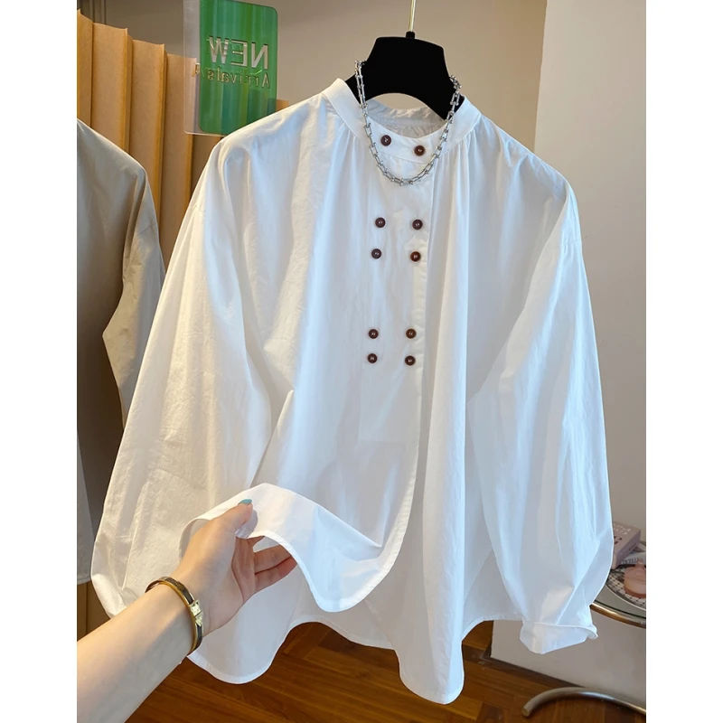 2024早秋新款高级感双排扣日系白色衬衫女宽松休闲薄款高支棉上衣