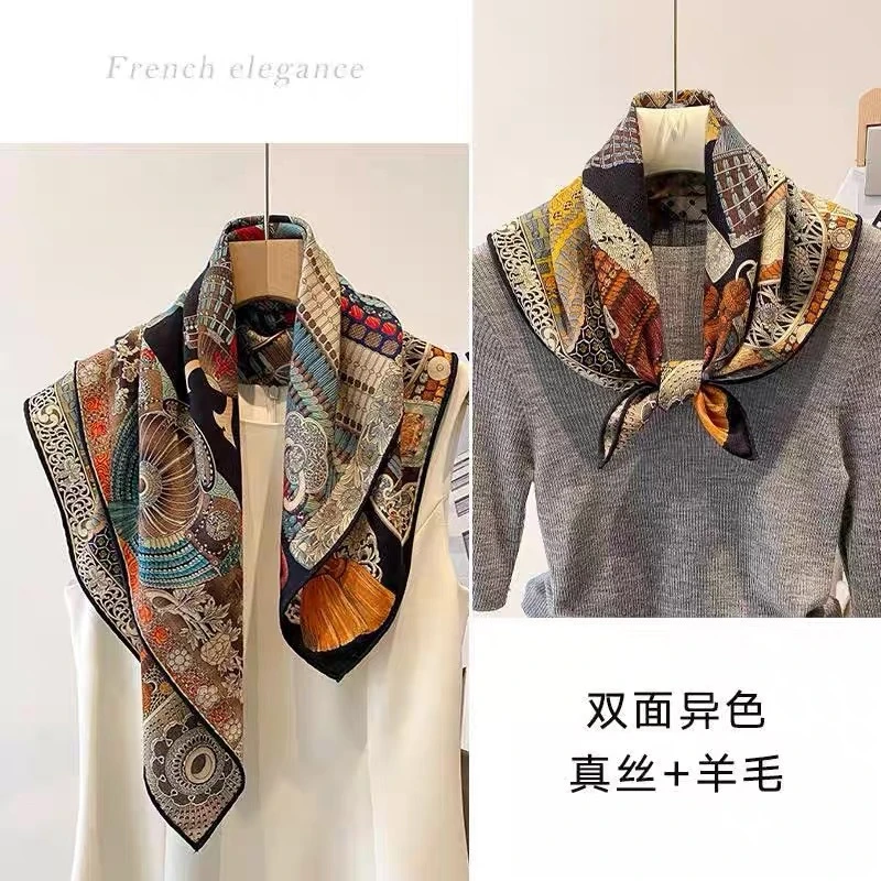 武士铠甲经典真丝羊毛AB双面70丝毛中方巾围巾女四季轻奢波点围巾