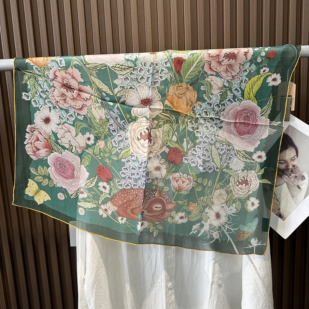 桑蚕丝西丽纱绿色时尚70真丝中方巾夏季纱巾透气丝巾碎花