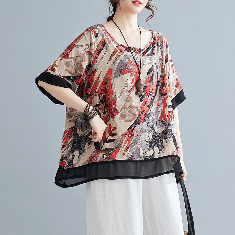 棉麻大码妈妈装夏季民族风时尚宽松小衫中老年百搭拼接印花雪纺衫