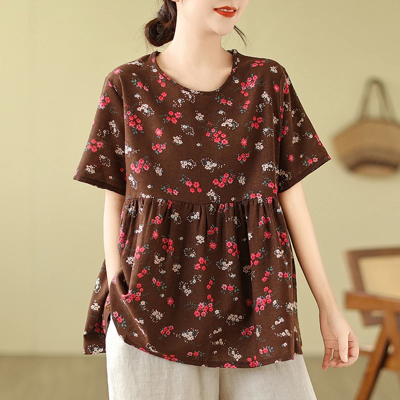 棉麻碎花大码圆领短袖T恤女装夏季新款文艺休闲印花宽松显瘦上衣