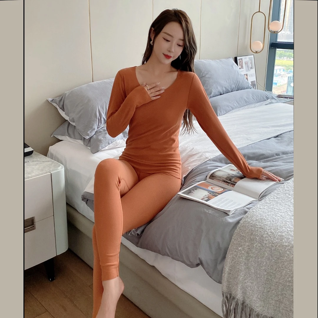 新款阳离子蜂窝绒女士圆领套装少女修身打底衫女款无痕保暖内衣