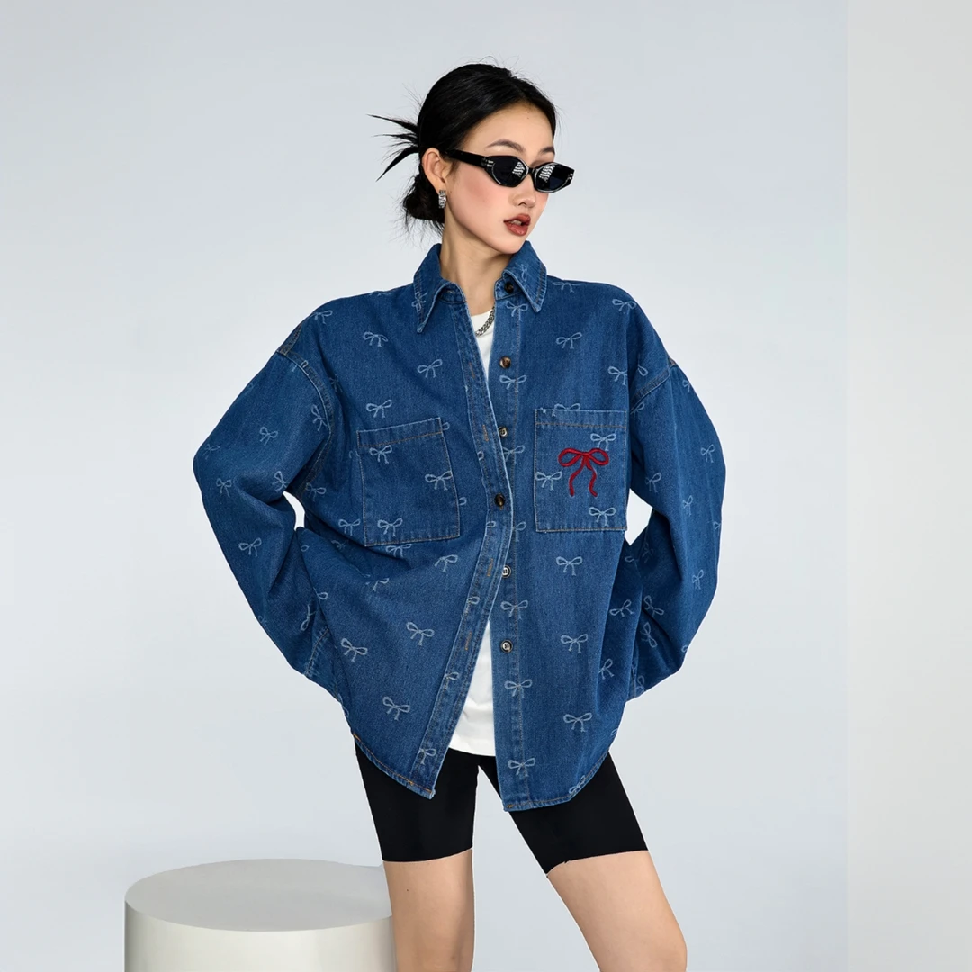 美式复古牛仔衬衫女潮牌高街宽松休闲百搭工装衬衣外套长袖蓝色
