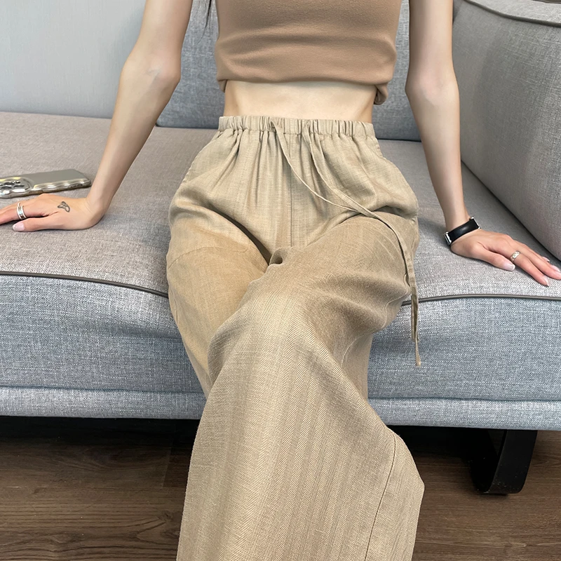 卡其色亚麻阔腿裤女夏季薄款高腰直筒休闲裤天丝棉麻窄版拖地裤子