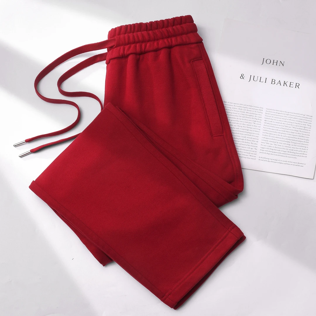 470克纯棉直筒运动裤女秋冬保暖裤子重磅红色全棉卫裤女士休闲裤