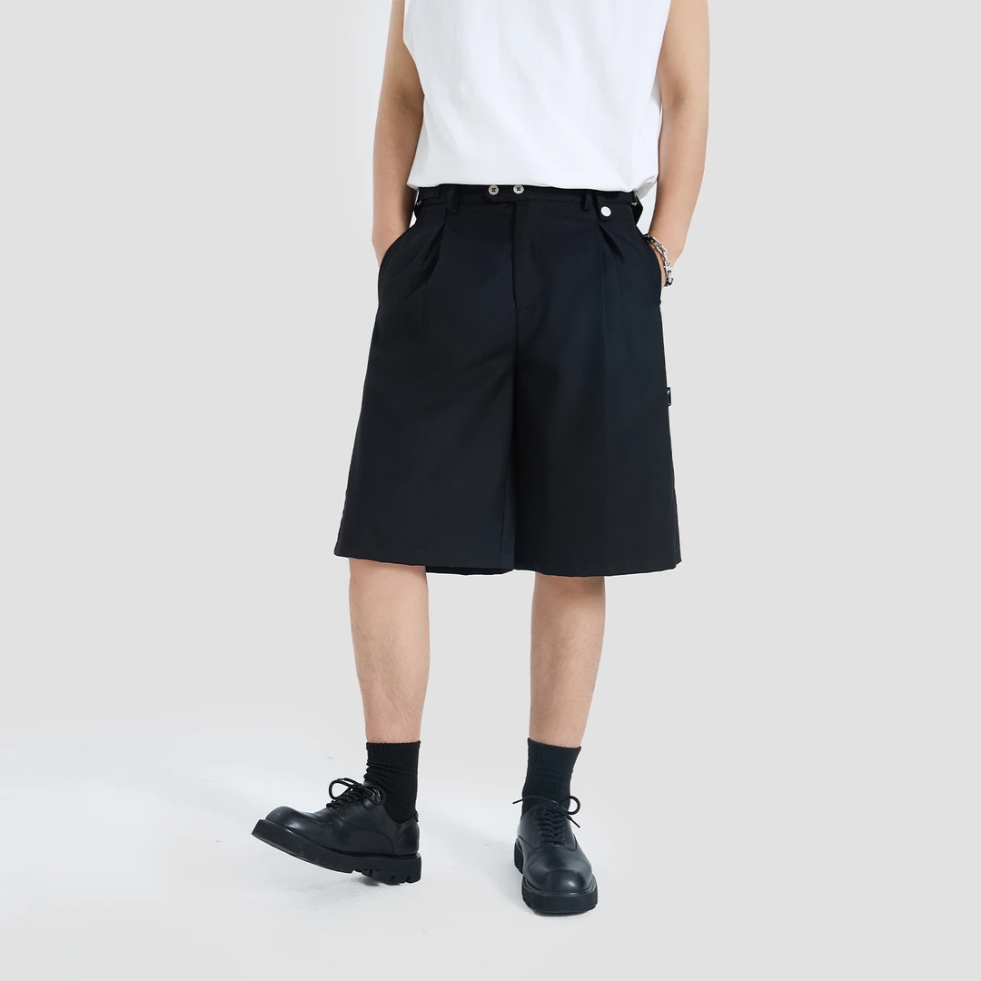 PMET 6分打褶工装西裤 可收腰设计国潮牌男夏季宽松通勤短西裤子