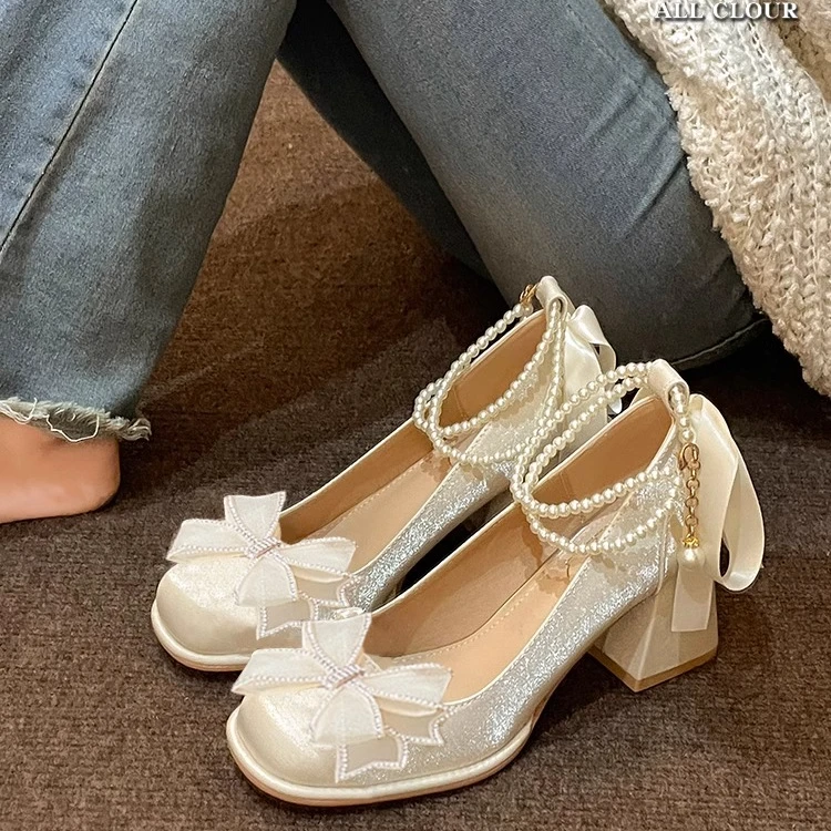 小香风蝴蝶结粗跟高跟鞋女2024新款晚晚风温柔鞋白色婚鞋伴娘鞋子