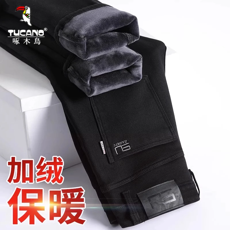 啄木鸟冬季加绒加厚牛仔裤男直筒宽松黑色2024新款保暖裤子秋冬款