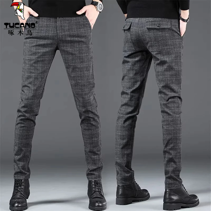 啄木鸟磨毛休闲裤男士高端格子小脚裤修身春秋百搭西装裤子男英伦