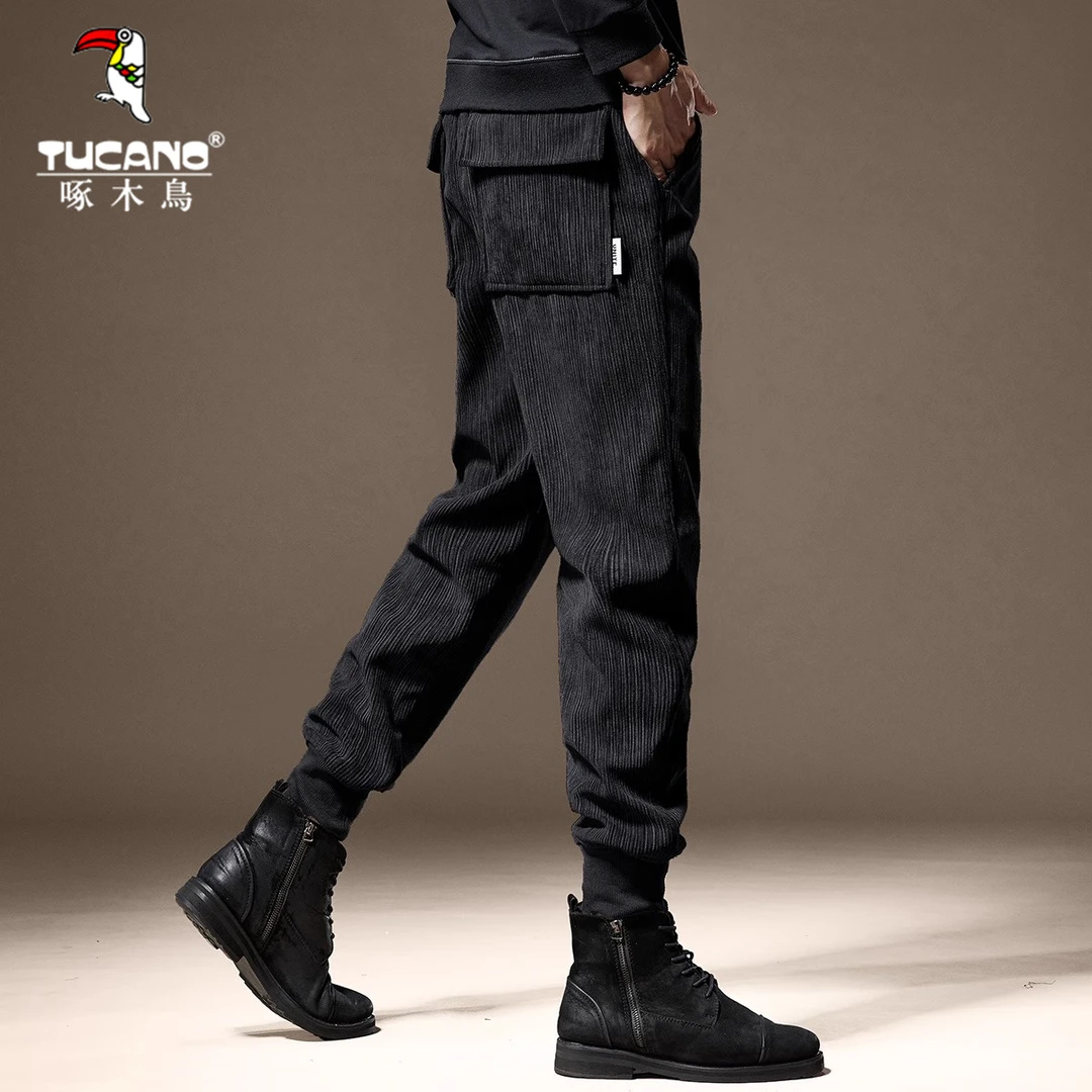 啄木鸟重磅竖条纹灯芯绒休闲裤男秋冬款黑色宽松卫裤加绒束脚裤男