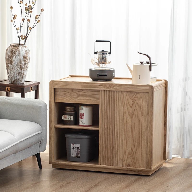 白蜡木家用移动茶水柜沙发边柜茶桌茶台实木客厅阳台茶柜烧水一体