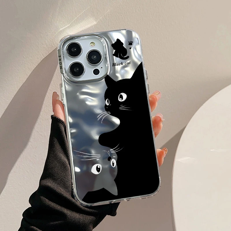 双面黑白小猫苹果15/14promax手机壳波纹iPhone13pro创意12防摔11