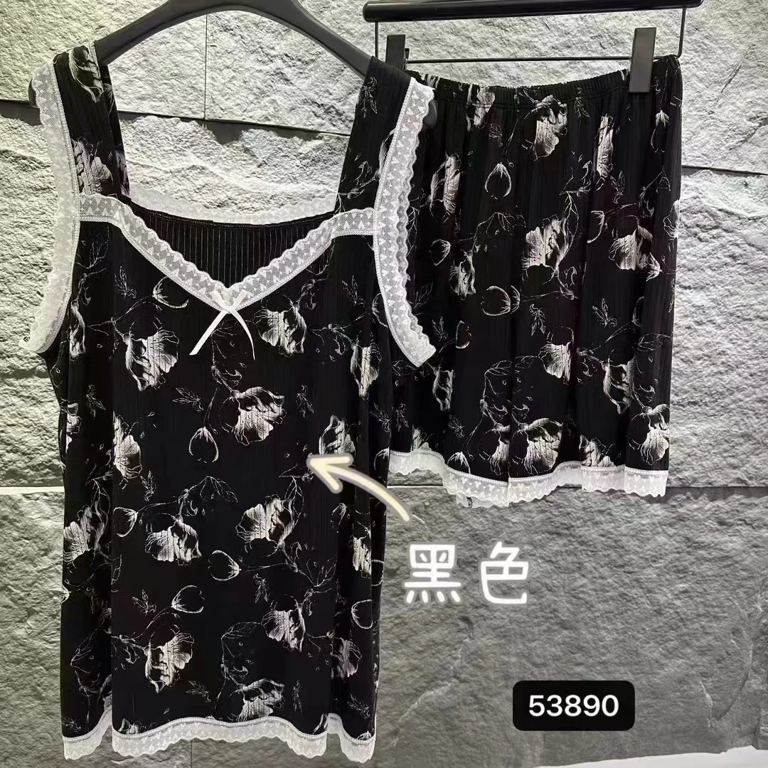 女士四季超感5D新氧棉家居蕾丝吊带短裤套装 53890