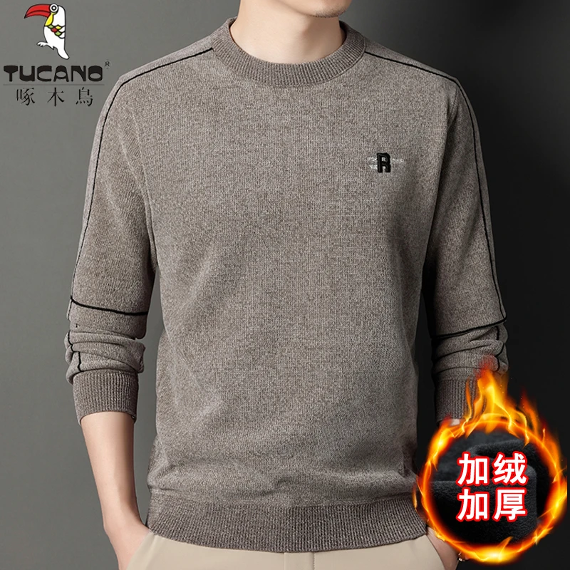 TUCANO/啄木鳥冬季加绒加厚雪尼尔毛衣男圆领保暖打底针织衫