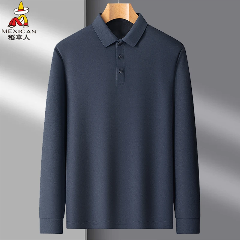 Mexican/稻草人翻领长袖t恤衫男秋季纯色休闲打底长袖POLO体恤衫