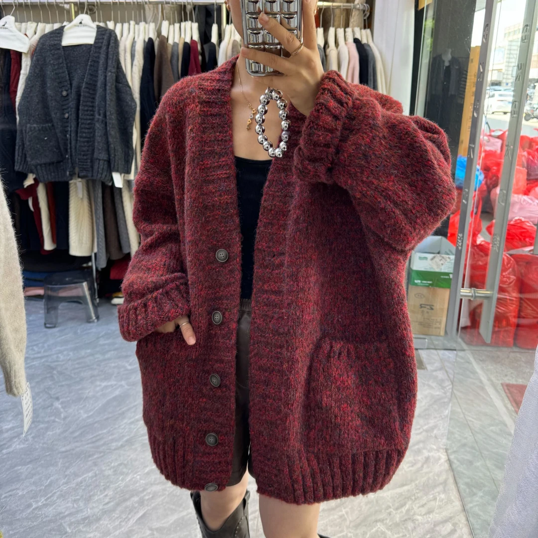 力婳24秋冬新款针织开衫外套女宽松长款加厚网红慵懒风毛衣