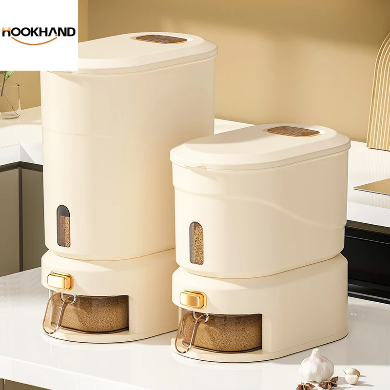 米桶家用防虫防潮密封食品级面粉装米桶箱奶油色自动出米按压米缸