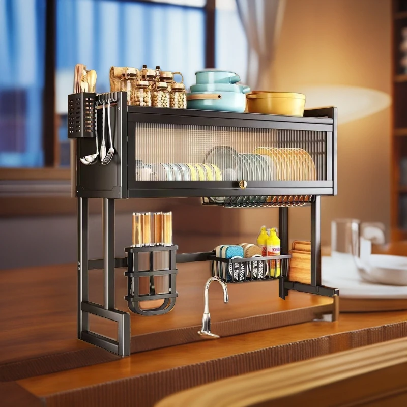防尘厨房水槽置物架多功能带柜门碗盘水池沥水架收纳悬挂台面碗碟