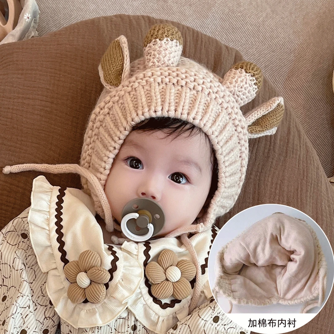 婴儿帽子冬季2024新款鹿角帽男童女童宝宝护耳帽儿童毛线帽Z1186