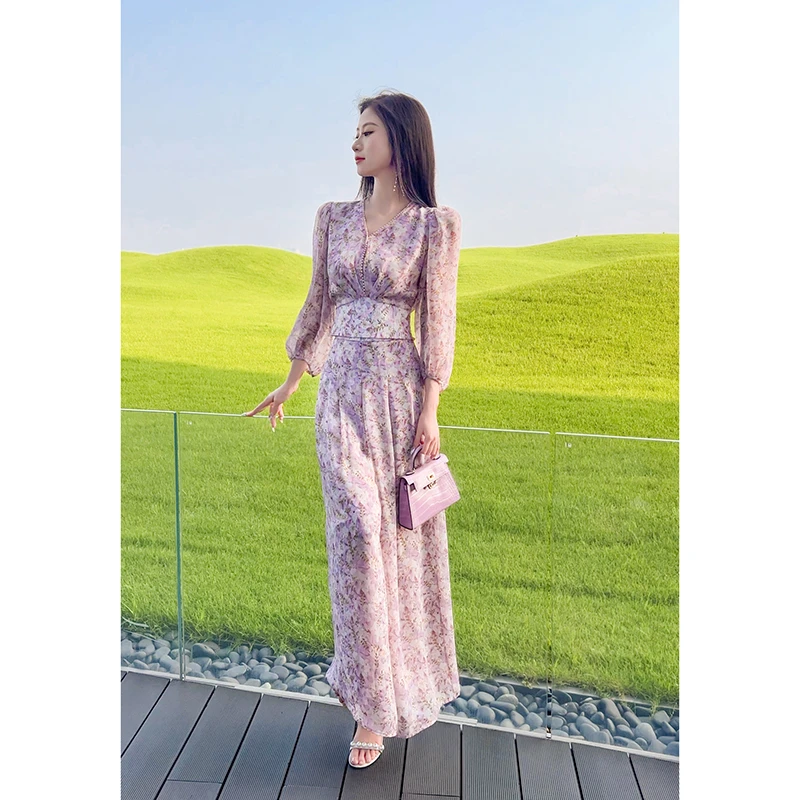 格润雅2025新款仙气飘逸垂感粉色碎花套装气质收腰上衣高腰阔腿裤