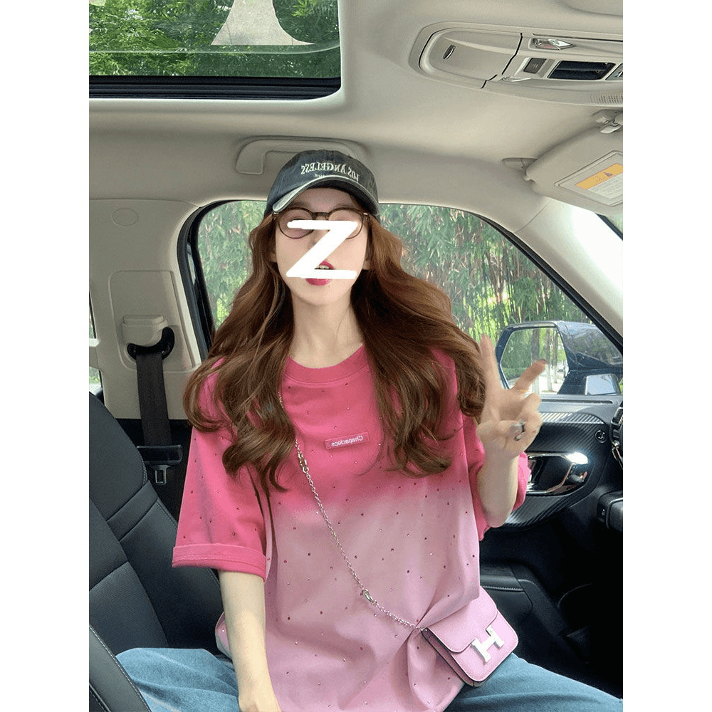 100%欧货烫钻短袖T恤女夏季新款设计小众多巴胺正肩渐变上衣