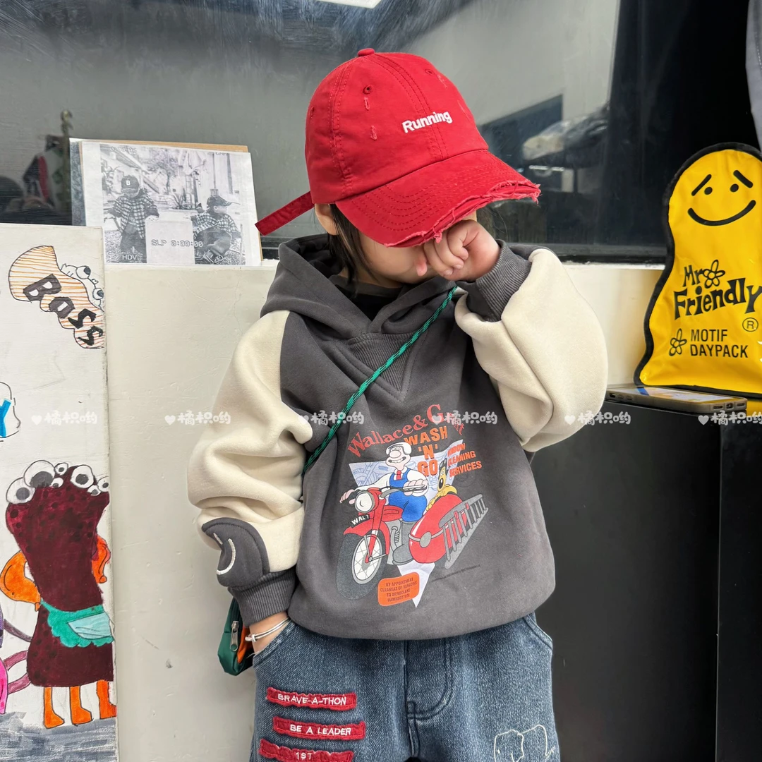 【橘枳哟】加绒刺绣笑脸撞色拼接连帽卫衣