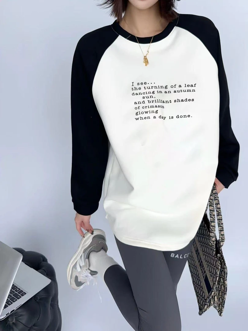 兰子严选新款加绒拼接插肩袖宽松上衣w580