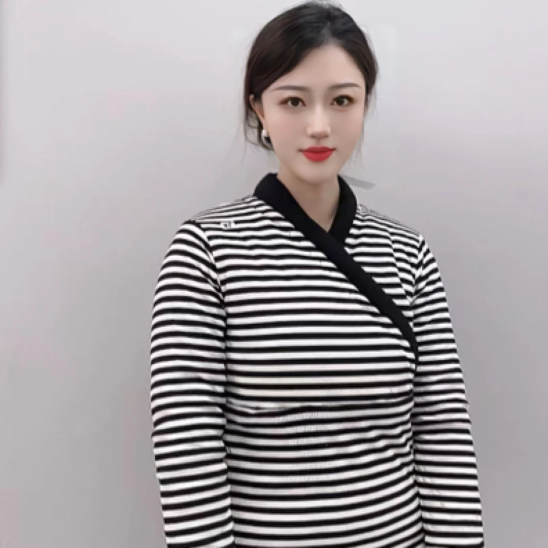 黑白条纹棉领套头棉花棉袄 修身款