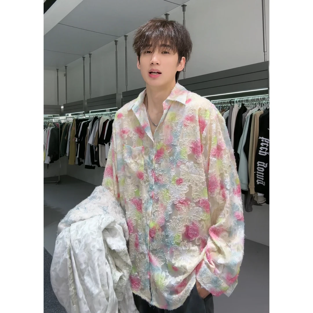 聪明陈原创潮牌碎花休闲长袖衬衫小众磨毛薄款别致衬衣30124