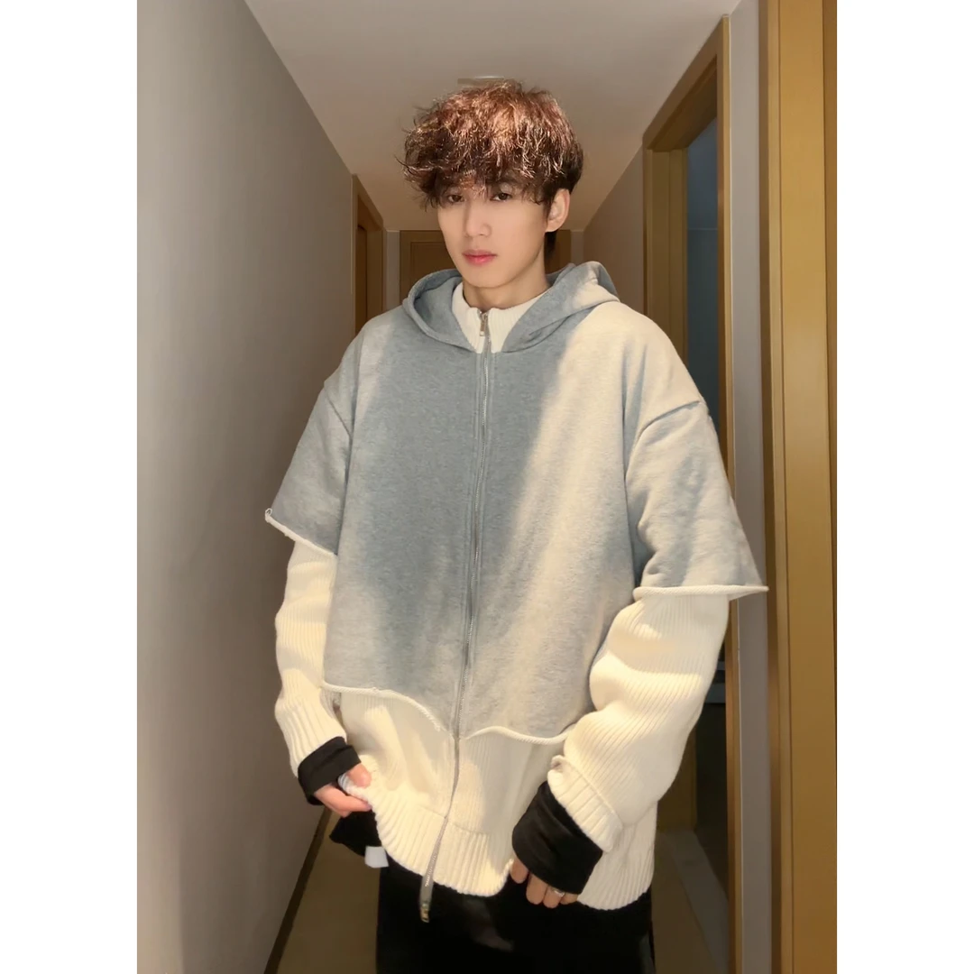 COURSEMYS聪明陈 潮牌假两件拼接连帽卫衣男女小众休闲叠穿夹克衫