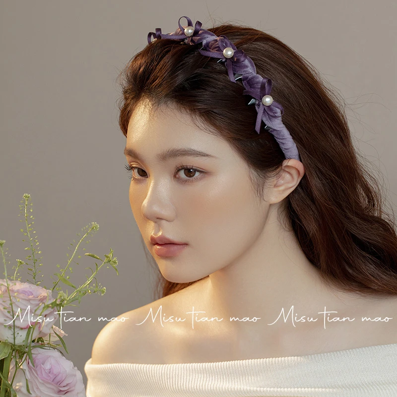 发箍女款秋冬新款丝绒蝴蝶结波浪发卡紫色高级感轻奢头箍带齿发饰