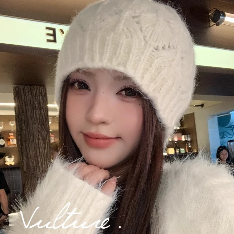 奶呼呼ins镂空时髦花边含羊毛针织套头帽女秋冬季韩系包头毛线帽