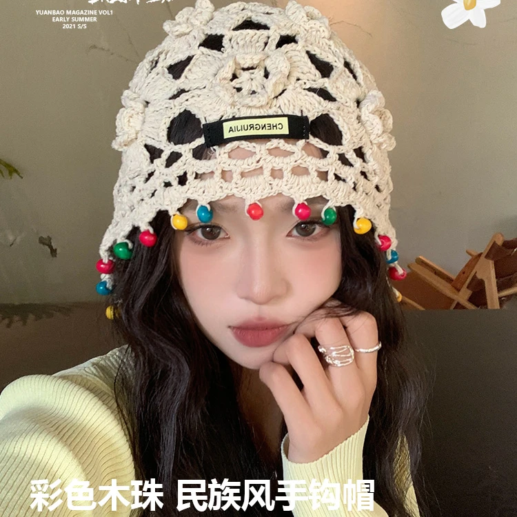 时尚手工编织镂空包头帽女士钩花民族风流苏护耳绑带套头针织帽子