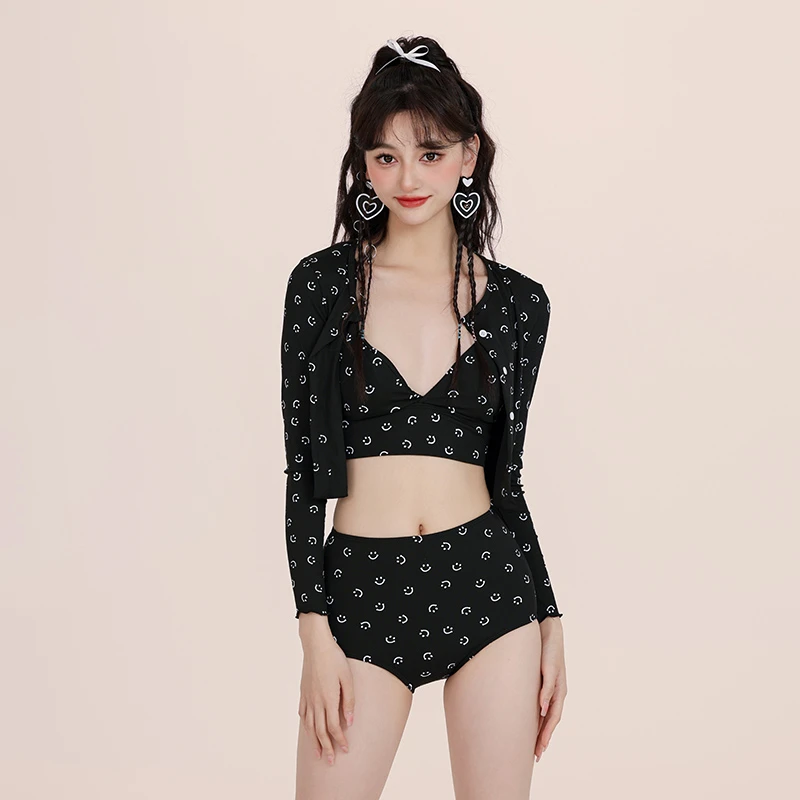 EDOFISH【西部辣妹】INS网红游泳衣女款小胸聚拢黑色笑脸分体泳装