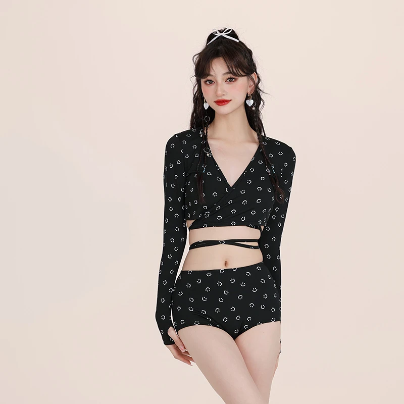 EDOFISH【巴洛少女】网红游泳衣女款显瘦遮肉黑色笑脸小个子泳装