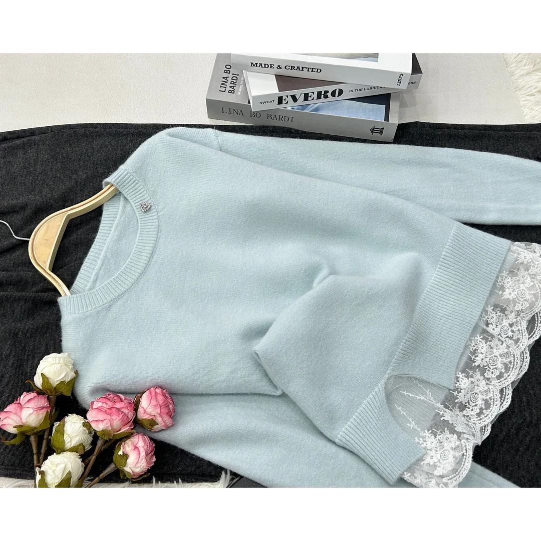 【蓝色蕾丝边套头】设计感时尚气质上衣QC1581