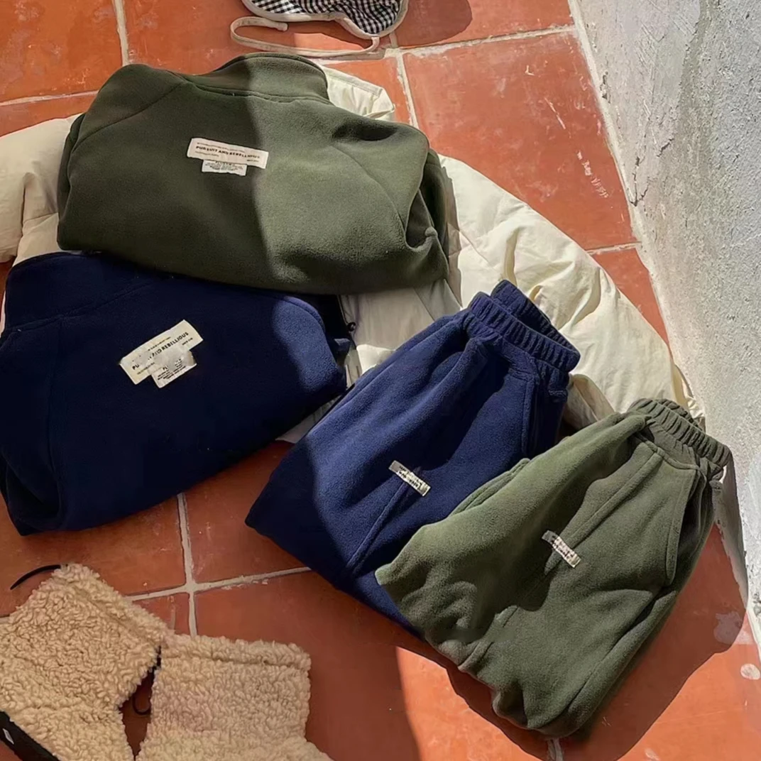 【现货】韩版儿童春秋款半拉链超细双面绒休闲时尚纯色套装