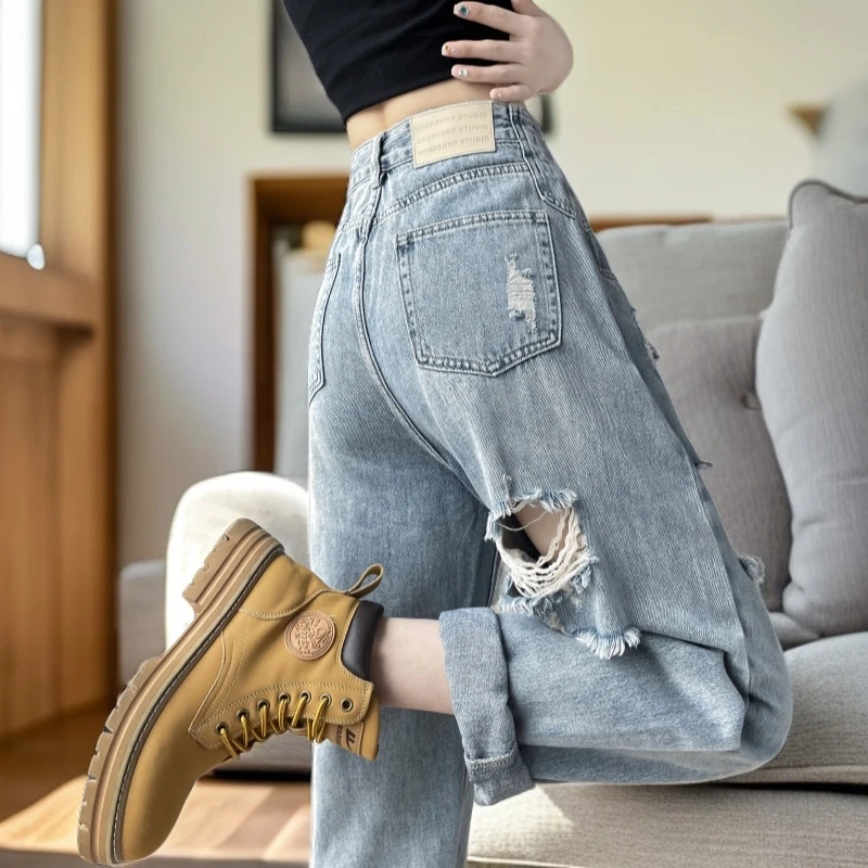 破洞牛仔裤女夏季设计感水洗直筒哈伦萝卜裤小个子乞丐休闲长裤子