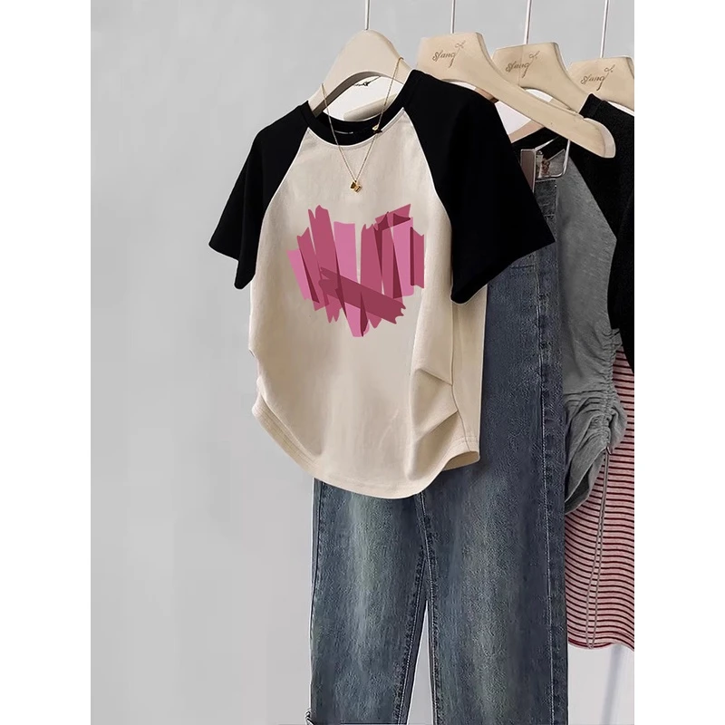 甜酷风短款收腰辣妹上衣女2025夏季新款插肩短袖ins潮撞色爱心t恤