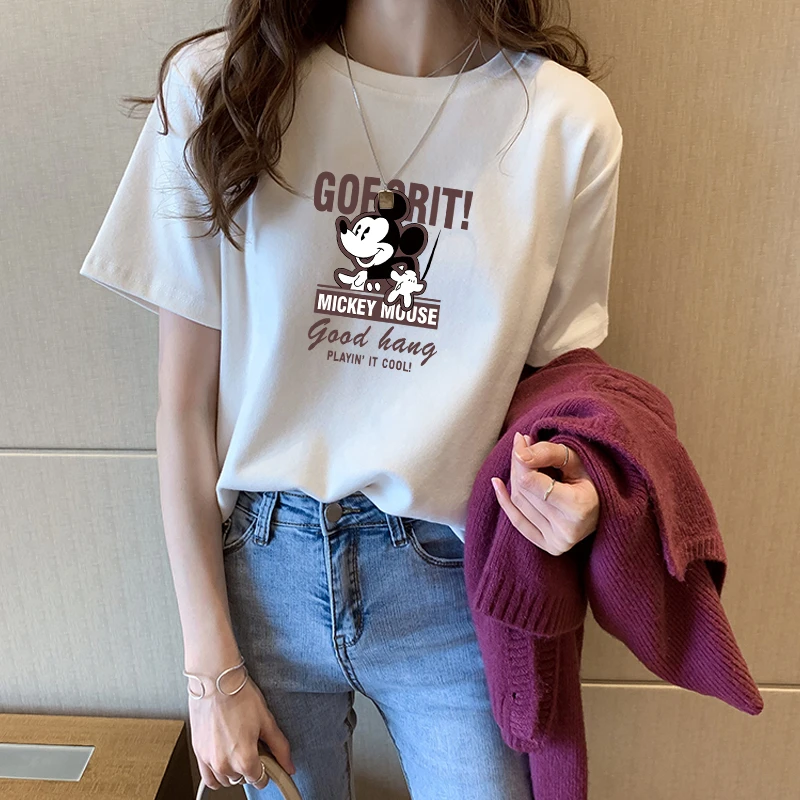 白色纯棉圆领短袖t恤女2025夏季新款米奇宽松上衣设计感小众ins潮