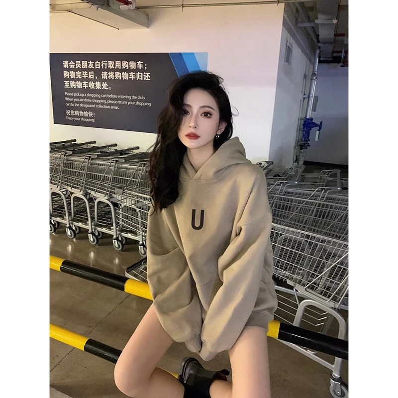 奶茶色加绒连帽卫衣女小个子设计感秋冬显瘦宽松oversize上衣加厚