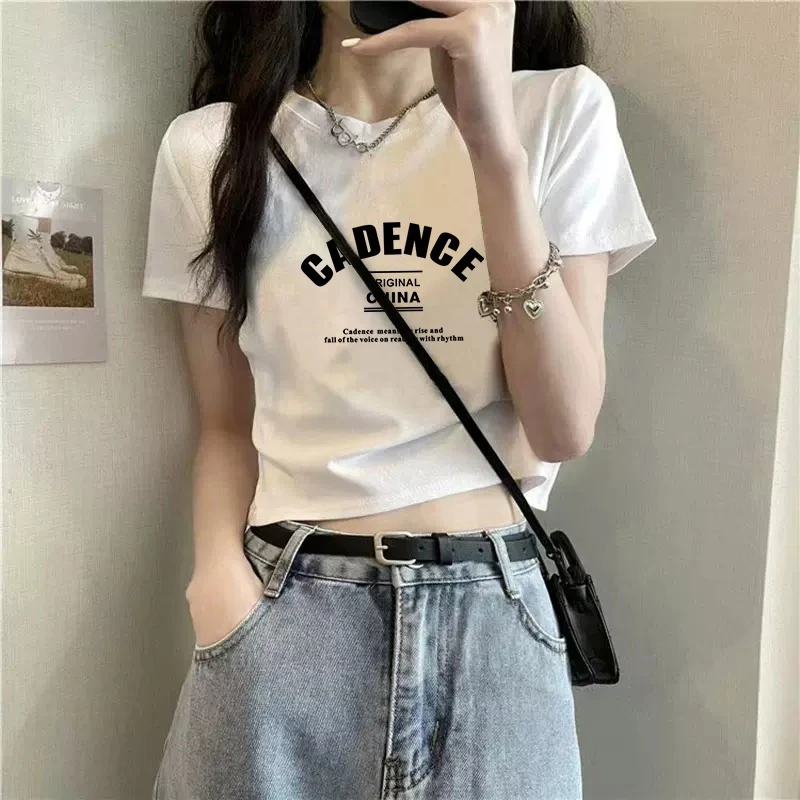 T恤女2025新款夏季白色纯棉短款修身ins潮牌欧货字母短袖女士上衣