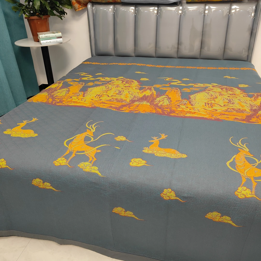 （鹿踏祥云）230*250多功能高端双面提花田园风四季床盖盖毯