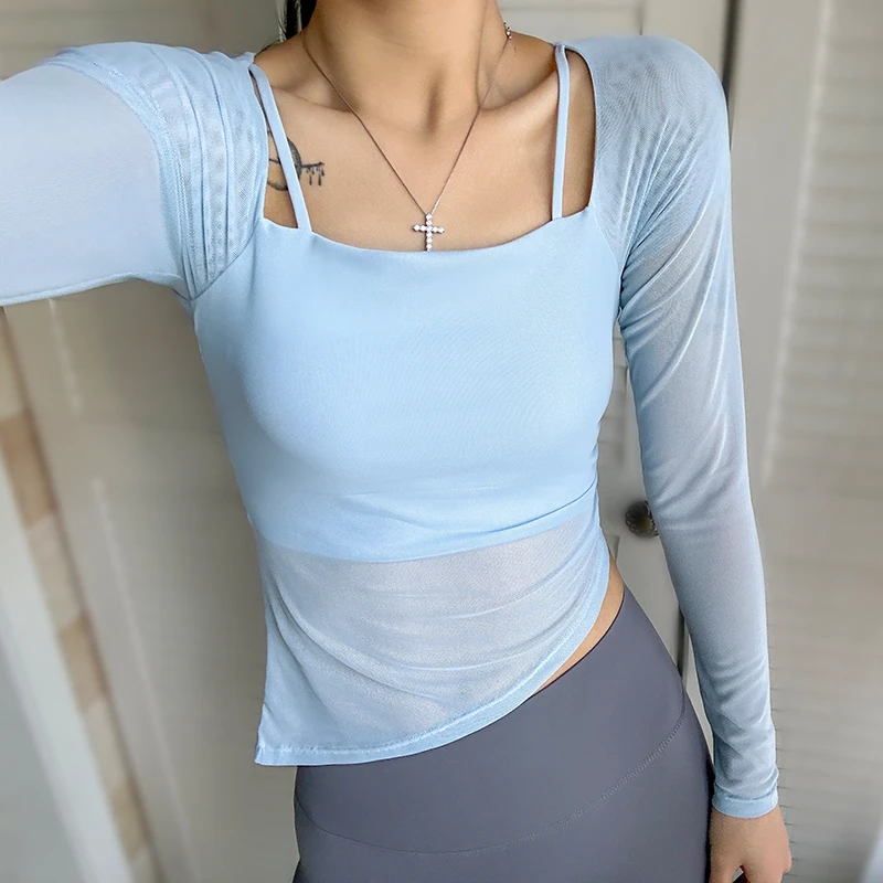 一体式固定胸垫拼网纱瑜伽服上衣女长袖透气健身服普拉提运动T恤
