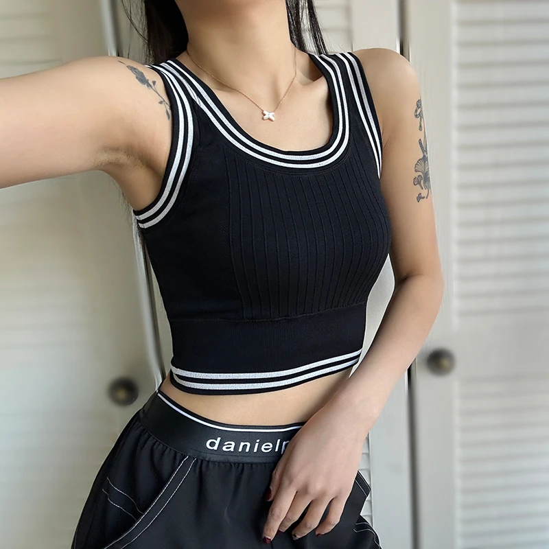针织健身背心女外穿一体式条纹运动内衣跑步防震内搭瑜伽上衣文胸
