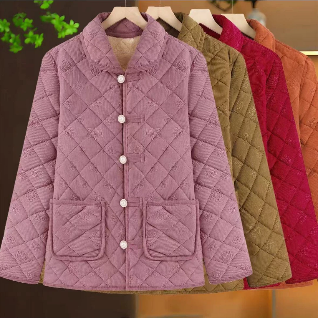 100-260特大码中老年胖妈妈加肥加绒加厚二棉翻领休闲百搭棉衣女