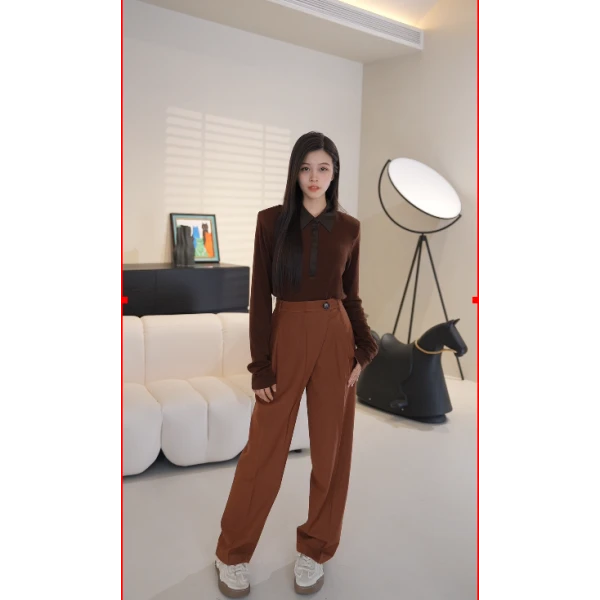 个性腰头直筒裤显瘦气质休闲裤长袖网红高腰时尚设计师XW2501305